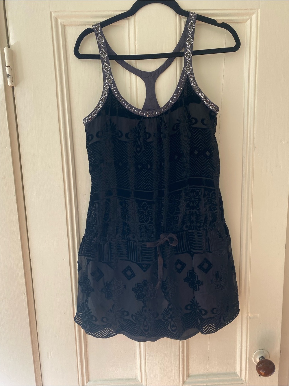 Free People Black Velvet Burnout Racerback Tank Dress with Beaded Trim - Picture 1 of 5
